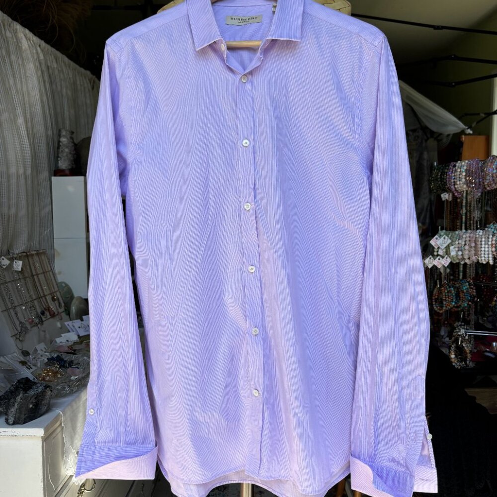 Burberry London Men’s 16.5-42 White Pink Striped Button Up Designer Dress Shirt - Picture 3 of 14